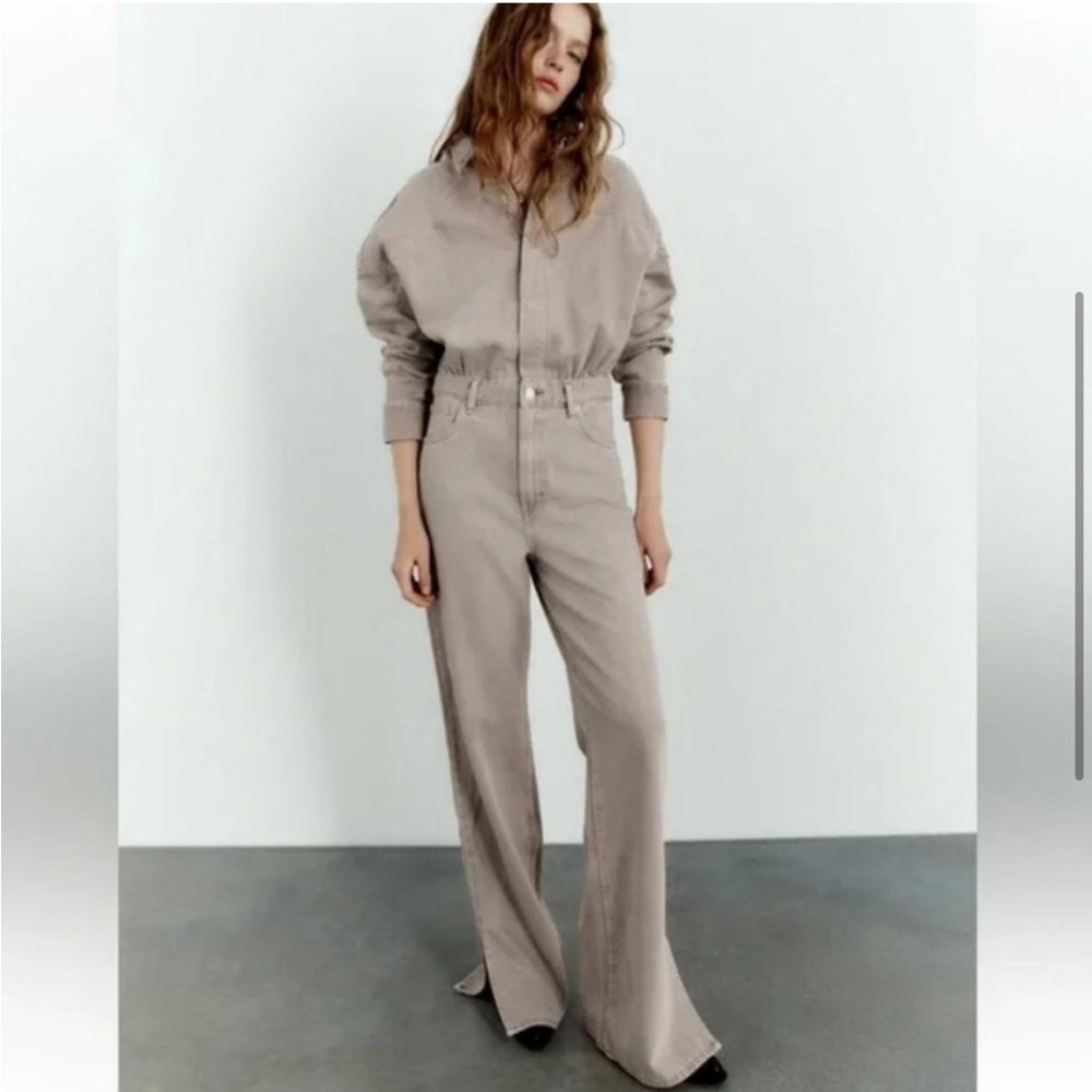 Zara TRF Denim Jumpsuit in Taupe Grey
